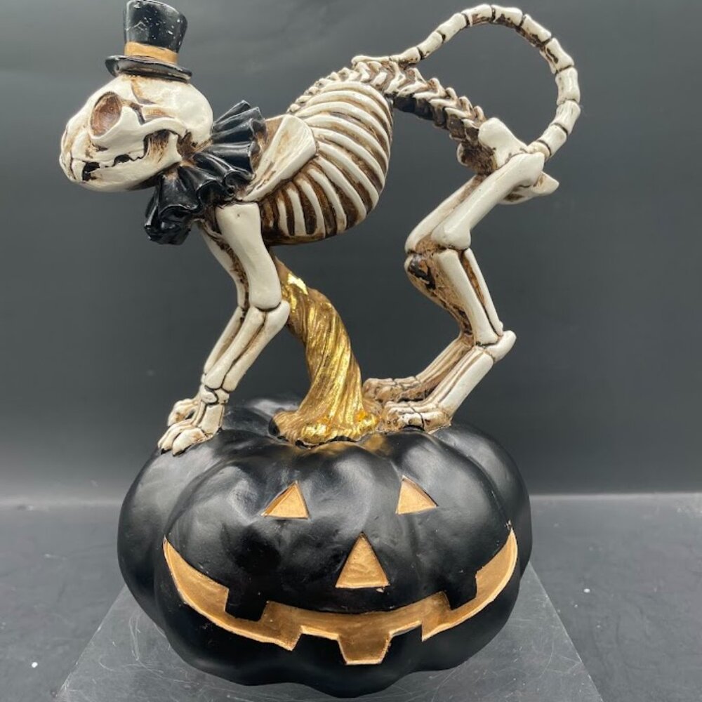 Halloween Skeleton Cat in Top Hat Standing on Black Gold Jack O Lantern Resin